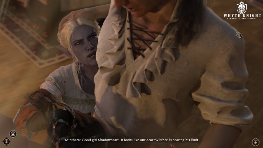 1boy 2girls 3d 3d_(artwork) baldur&#039;s_gate baldur&#039;s_gate_3 bedroom black_hair blowjob blowjob_face comic comic_page dark_elf drow dungeons_and_dragons elf_ears fantasy fellatio female forced forced_blowjob forced_deepthroat forced_oral fully_clothed half_elf helping holding_head indoors long_hair male minthara pointy_ears ponytail purple_skin pushing_head_down red_eyes shadowheart sitting tav_(baldur&#039;s_gate) the_witcher_(series) the_witcher_3:_wild_hunt video_game_character video_games white_hair whyte_knight