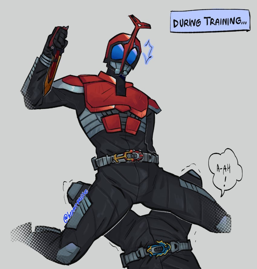 ! 2boys armor armored_male belt blue_eyes bodysuit comic comic_page english_text helmet hermitplastic holding_weapon kamen_rider kamen_rider_gatack kamen_rider_kabuto kamen_rider_kabuto_(series) looking_down lying lying_down lying_on_back male male/male male_focus male_on_top male_only mask masked masked_male realization red_armor straddling text training tremble_lines trembling trembling_legs yaoi