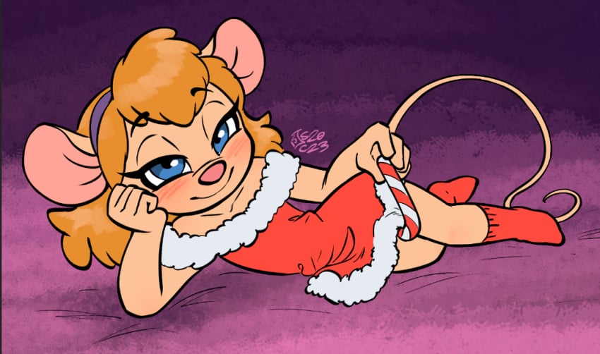1girls 2023 anthro blue_eyes blush candy candy_cane chip_'n_dale_rescue_rangers christmas clothing dessert disney dress female food footwear gadget_hackwrench holidays lying mammal mouse murid murine on_side pinup pose rodent smile socks solo soulcentinel teasing young young_anthro