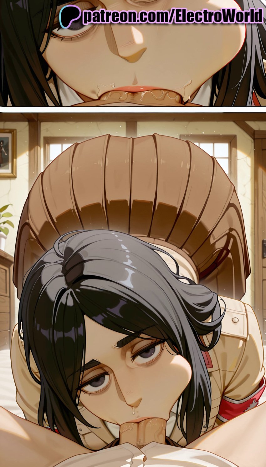 1boy 1girls 2025 :&gt;= ai_generated artist_name attack_on_titan black_hair blowjob blowjob_face cock dick electroworld fellatio female hi_res high_quality high_resolution highres indoors licking male oral oral_sex patreon patreon_username penis pieck_finger pov shingeki_no_kyojin stable_diffusion straight sucking watermark