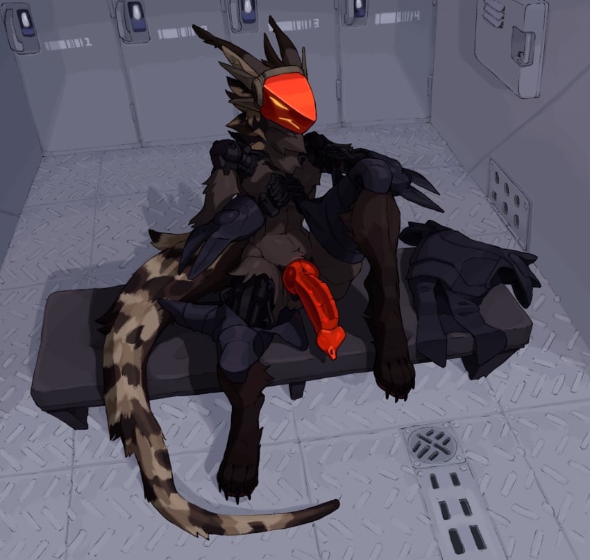 angry animal_genitalia anthro athletic big_penis brown_body cybernetic_limb cybernetics detailed_background genitals grumpy hi_res knot knotted_penis kofomy long_tail looking_at_viewer machine male male_focus male_only nude penis prosthetic protogen red_penis scaled_penis sitting solo spread_legs spreading tail visor