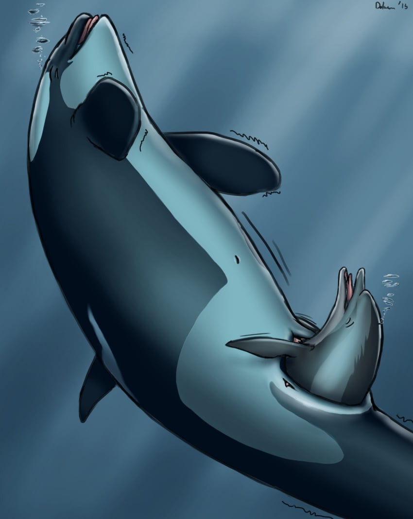 2015 ambiguous_gender bubble cetacean closed_eyes dolorcin dolphin duo female feral feral_unbirthing_feral larger_female mammal marine monochrome navel open_mouth orca size_difference slit stretching tongue unbirthing underwater vore water whale what