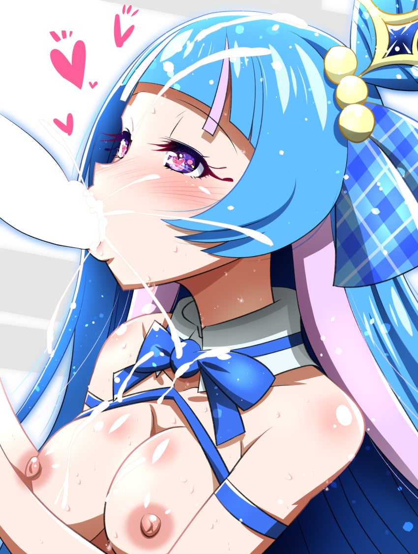 1boy 1girls aokaze_nana blue_hair breasts coitenshi1 cum cure_wink female heart-shaped_pupils idol kimi_to_idol_precure light-skinned_female light_skin magical_girl male nipples oral precure pretty_cure purple_eyes toei_animation