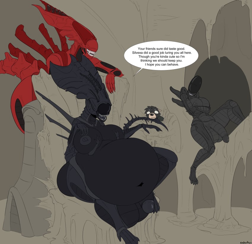 1boy 3futa alien alien_(franchise) alien_girl anthro digestion evergreenplate futanari intersex male monster monster_girl penis vore vore_belly xenomorph xenomorph_queen