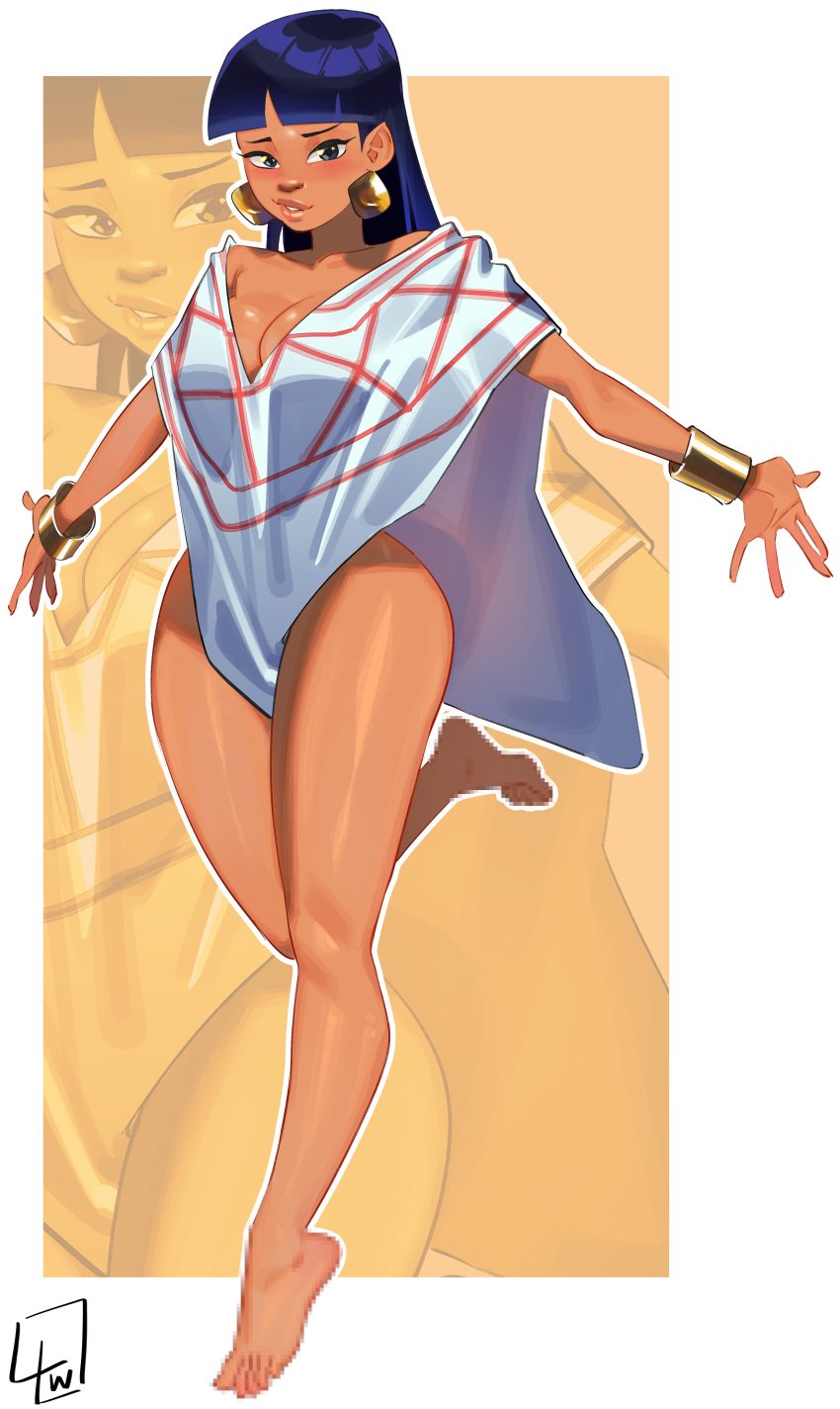 aztec barely_clothed big_breasts black_hair brown_skin censored chel chel_(the_road_to_el_dorado) cleavage dark-skinned_female dark_skin hime_cut l4wless long_hair looking_at_viewer looking_back mayan mayan_mythology mosaic_censoring poncho simple_background smiling solo_female the_road_to_el_dorado thick_thighs tribal