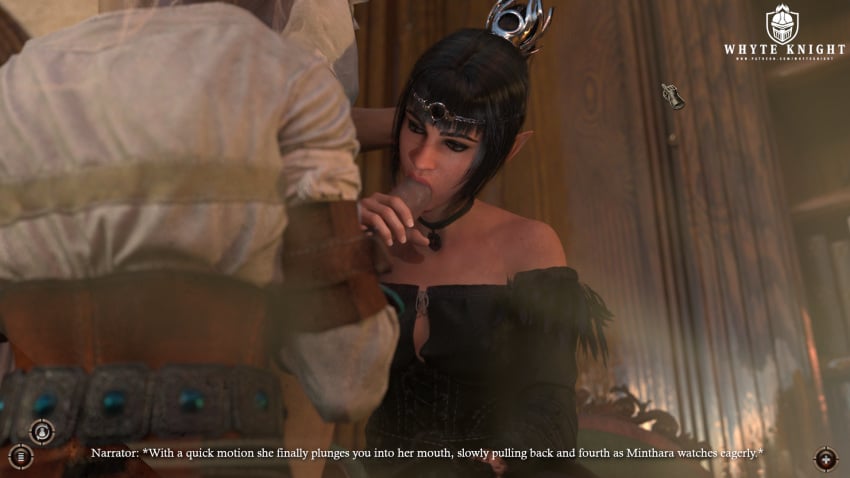 1boy 2girls 3d 3d_(artwork) baldur&#039;s_gate baldur&#039;s_gate_3 black_hair blowjob blowjob_face comic comic_page dungeons_and_dragons elf_ears fantasy female half_elf handjob_while_sucking holding_head indoors long_hair male pointy_ears ponytail shadowheart sitting tav_(baldur&#039;s_gate) the_witcher_(series) the_witcher_3:_wild_hunt video_game_character video_games whyte_knight