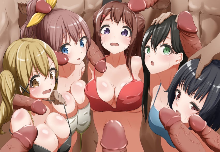 5girls 6+boys bang_dream! black_bra black_hair blonde_hair blue_bra blue_eyes blush bra brown_eyes brown_hair commentary_request erection female green_bra green_eyes hair_ornament hanazono_tae hand_on_another&#039;s_head highres ichigaya_arisa imminent_orgy long_hair looking_at_another male multiple_boys multiple_girls open_mouth penis poppin&#039;party red_bra short_hair straight surrounded_by_penises sweat toyama_kasumi twintails underwear ushigome_rimi whiton44 yamabuki_saya