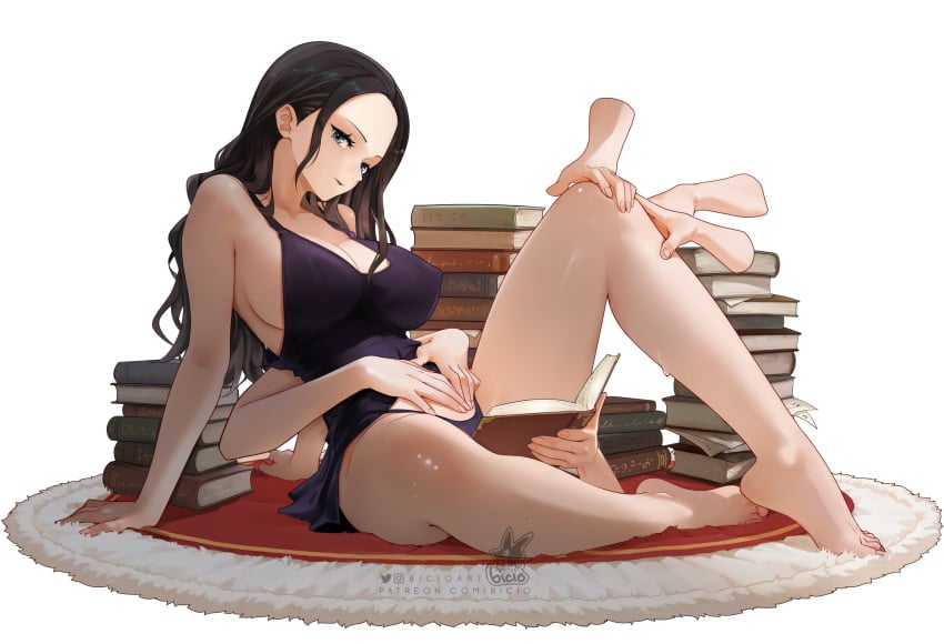 1girls arm_support bare_legs barefoot bicio black_hair book book_stack breasts carpet cleavage clothing comic covered_erect_nipples devil_fruit_power disembodied_hand extra_arms extra_hands female female_focus female_only hana_hana_no_mi hand_on_own_knee hands_on_own_stomach highres knee_up large_breasts long_hair looking_at_viewer nico_robin nico_robin_(dressrosa) no_bra one_piece pale-skinned_female panties sfw solo transparent_background underwear