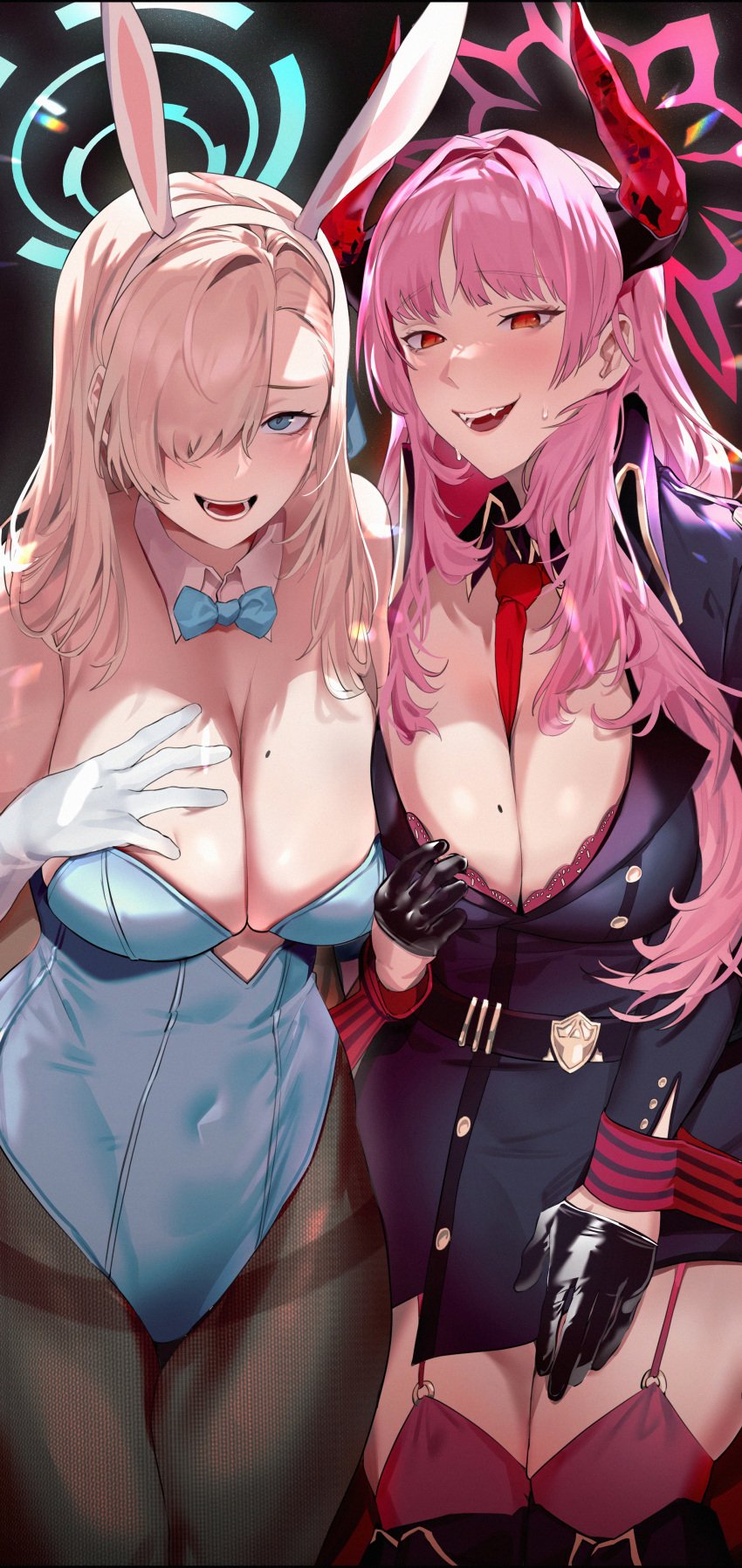 2girls asuna_(bunny)_(blue_archive) big_breasts blue_archive bunny_ears bunnysuit gehenna_academy_student highres horns joacy looking_at_viewer mole_on_breast pandemonium_society_(blue_archive) satsuki_(blue_archive) tie tie_between_breasts video_game_character