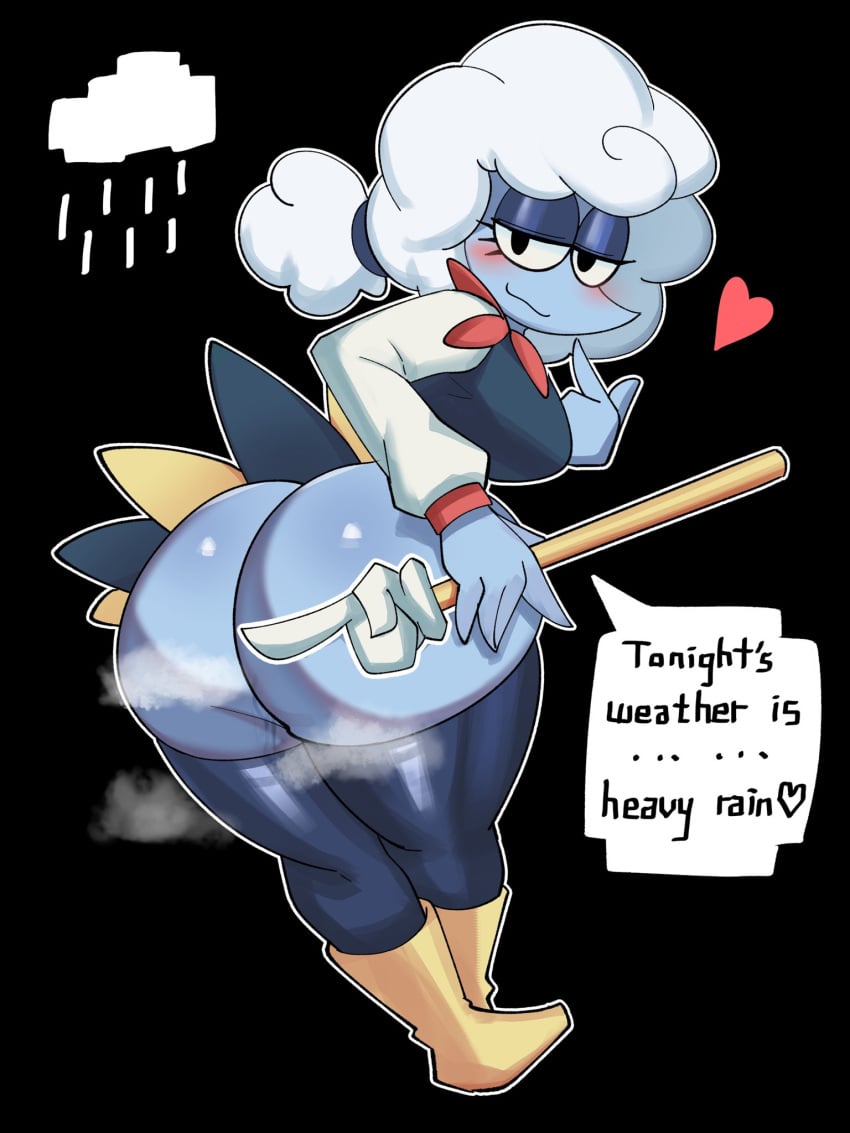 :3 ass back_view bedroom_eyes big_ass big_breasts blue_body blush breasts clothed clothing clouds deltarune deltarune_chapter_3 elnina_(deltarune) english_text heart heart_symbol large_ass looking_at_viewer looking_back musk no_background owo pussy_juice talking_to_viewer text thick_thighs thunder_thighs wet_pussy ytrall