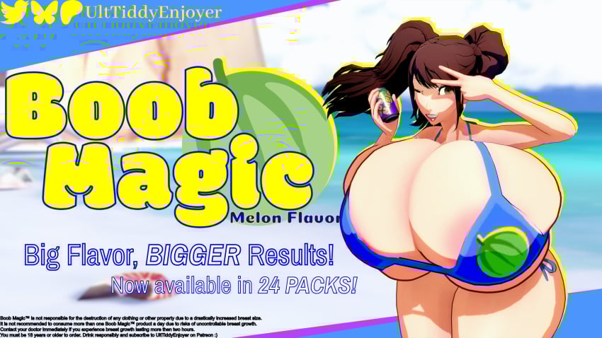 3d 3d_(artwork) areola areola_slip areolae areolae_slip beach bikini bikini_bottom bikini_top boob_magic breast_expansion brown_eyes brown_hair bulging_breasts gigantic_breasts huge_breasts koikatsu koikatsu_(medium) kujikawa_rise large_breasts massive_breasts peace_sign persona persona_4 persona_4_revival persona_4_the_golden soda soda_can text twintails ulttiddyenjoyer wink winking_at_viewer