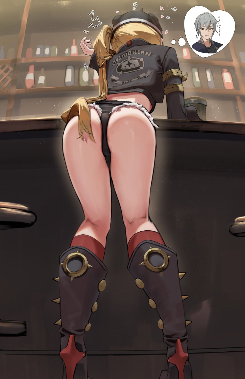 1girls absurdres alcohol ass ass_focus bar_(place) bar_stool black_boots black_jacket black_shorts blonde_hair boots combat_helmet commentary_request cup denim denim_shorts drunk female from_behind from_below helmet highres jacket kneepits knees_together_feet_apart koutannkoburia leaning_forward leather leather_jacket long_hair long_legs luciana_de_montefio mug pickelhaube pigeon-toed shorts side_ponytail solo_focus speech_bubble standing stool thighs thought_bubble very_long_hair wise_(zenless_zone_zero) zenless_zone_zero
