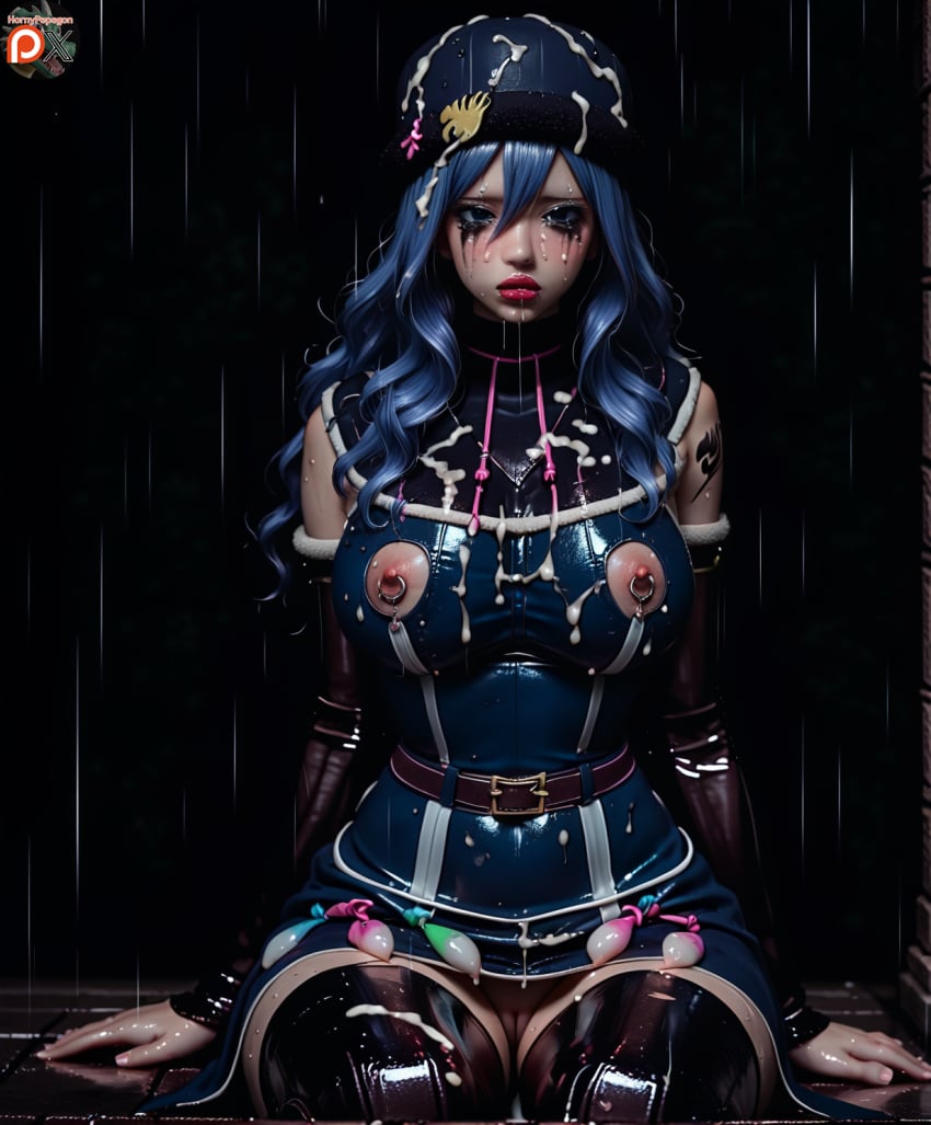 ai_generated big_breasts blue_eyes blue_hair condom condom_belt crying cum cum_drip cum_on_breasts cum_on_face cum_on_hair fairy_tail full_condom girl hornypepegon juvia_lockser mascara messy_makeup nipples pierced_nipples piercing pussy rain raining ruined_makeup sad shiny_skin sitting stockings street tattoo thick_thighs tight_clothing used_condom wet wet_clothes wet_pussy wet_skin