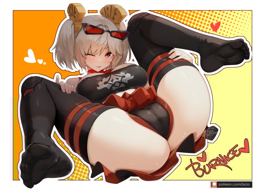 ass bicio black_shorts black_thighhighs blonde_hair breasts burnice_white character_name cleavage cleavage_cutout closed_mouth clothed clothing_cutout crop_top eyewear_on_head feet_out_of_frame full_body hair_ornament high-waist_skirt highres large_breasts looking_at_viewer lying medium_hair on_back one_eye_closed red_eyes short_shorts shorts skirt sleeveless sleeveless_turtleneck smile solo spread_legs sunglasses thigh_strap thighhighs thighs turtleneck twintails yellow_background zenless_zone_zero