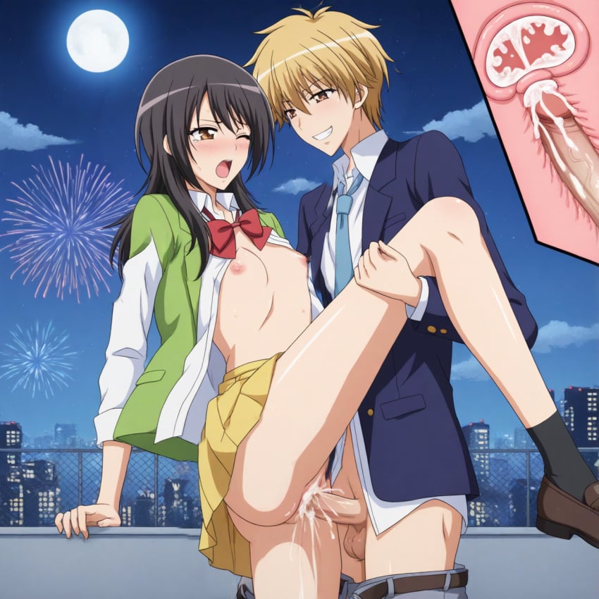 ai_generated ayuzawa_misaki blonde_hair blue_necktie brown_hair cheating_girlfriend cumming_inside cumming_together evil_grin fireworks internal_cumshot kaichou_wa_maid-sama! kuuga_sakurai moaning moon night red_bowtie rooftop school_uniform standing_on_one_leg standing_sex