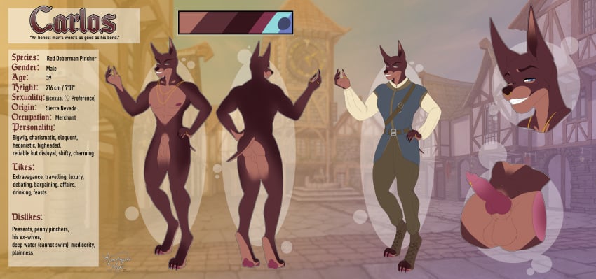 1boy 2025 4_toes 5_fingers abs animal_genitalia animal_penis anthro apoxalypsisart athletic athletic_anthro athletic_male balls barbell_piercing belt belt_buckle blue_eyes bottomwear brown_body brown_fur brown_nose buckle canid canine canine_genitalia canine_penis canis carlos_(skoll666) claws close-up clothing color_swatch comic cropped_ears digitigrade dobermann domestic_dog english_text erection eyebrows facial_piercing fangs feet fingers flat_colors front_view fur genital_piercing genitals hi_res jewelry knot knotted_penis looking_at_viewer male male_only mammal merchant model_sheet multicolored_body multicolored_fur muscular muscular_anthro muscular_male navel navel_piercing necklace nipples nose_piercing nose_ring nude pecs penis piercing pinscher portrait ring ring_piercing septum_piercing sheath shirt short_tail smile smiling_at_viewer solo tail teeth text toes topwear two_tone_body two_tone_fur