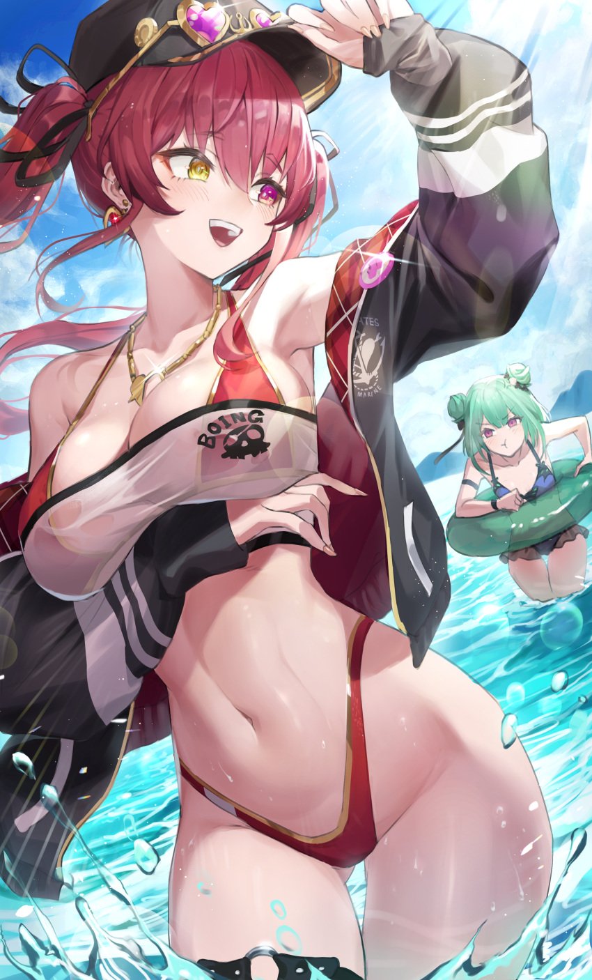 2girls absurdres arm_under_breasts arm_up armpits bare_shoulders bikini bikini_skirt black_headwear black_jacket black_ribbon blue_bikini blue_sky breasts character_name clothes_writing cloud cloudy_sky collarbone cowboy_shot day double_bun earrings eyewear_on_headwear female floating_hair glint gluteal_fold green_hair green_innertube groin hair_between_eyes hair_bun hair_ribbon hat heart heart-shaped_eyewear heterochromia highleg highleg_bikini highres hololive houshou_marine houshou_marine_(summer) innertube jacket jewelry large_breasts leaning_to_the_side long_hair long_sleeves looking_at_another looking_to_the_side mountainous_horizon multiple_girls navel netural o-ring o-ring_legwear o-ring_thigh_strap ocean open_clothes open_jacket open_mouth outdoors partially_submerged pout red_bikini red_eyes red_hair ribbon see-through_clothes see-through_skirt skirt sky sleeves_past_wrists smile string_bikini sunglasses swim_ring swimsuit thigh_gap thigh_strap thighs twintails uruha_rushia v-shaped_eyebrows virtual_youtuber wading water water_drop yellow_eyes