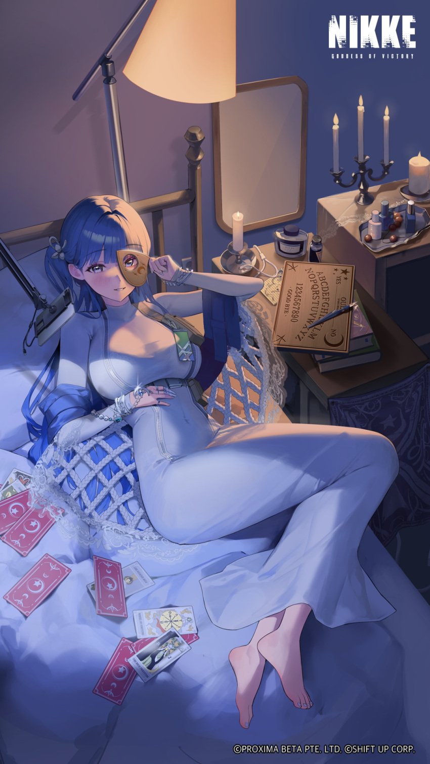 1girls arcana_(nikke) big_breasts blue_hair book book_stack bracelet breasts claws commentary cosmetics desk dress english_commentary female flower_hairpin goddess_of_victory:_nikke grey_eyes hair_intakes highres indoors jewelry large_breasts long_hair long_sleeves looking_at_viewer lying nail_polish nail_polish_bottle night official_art on_back on_bed ouija smile solo tray turtleneck turtleneck_dress watermark white_dress white_nails