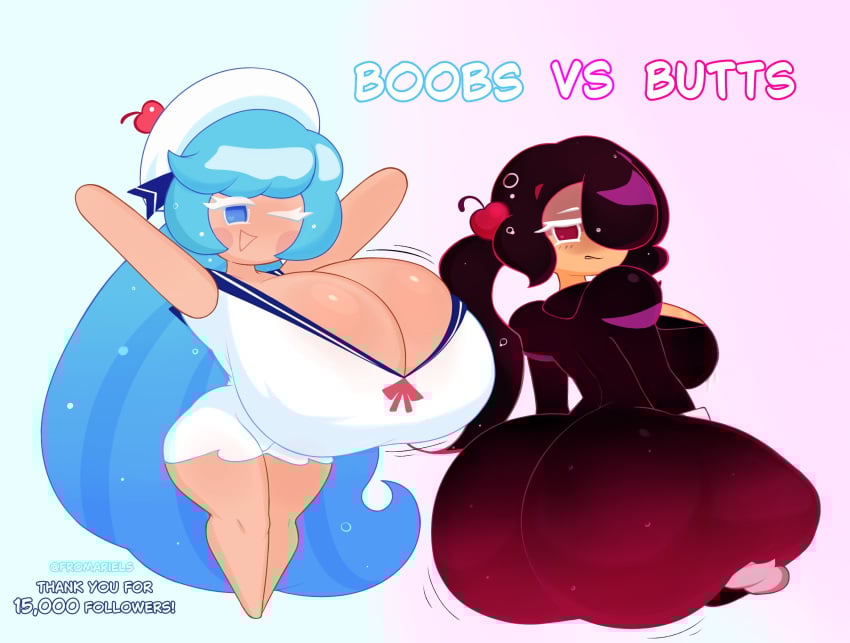2girls anthro ass ass_bigger_than_head big_ass black_hair blue_eyes blue_hair breasts breasts_bigger_than_head cherry_cola_cookie comic cookie_run cookie_run:_tower_of_adventures cookie_run_ovenbreak cream_soda_cookie female huge_ass huge_breasts looking_at_viewer looking_back red_eyes tagme