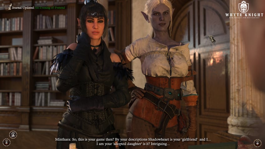 2girls baldur&#039;s_gate baldur&#039;s_gate_3 black_clothing black_eyes black_gloves black_hair ciri_(cosplay) comic comic_page cosplay crossover dark-skinned_female dark_elf dark_skin drow dungeons_and_dragons elf fantasy female fully_clothed half_elf indoors medium_breasts minthara no_sex purple_skin red_eyes sfw shadowheart story story_in_picture subtitled text video_game_character video_games white_hair whyte_knight yennefer_(cosplay)