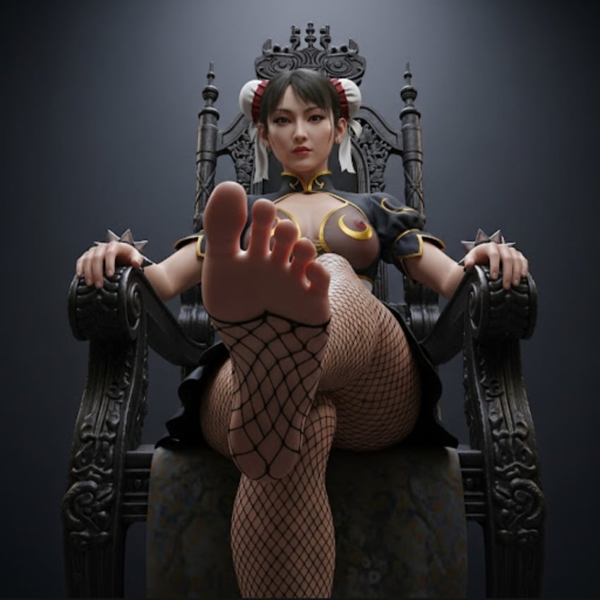 3d 3d_(artwork) big_breasts black_hair breasts breasts_out chun-li crossed_legs curvy dark_hair dominant dominant_female domination eye_contact feet female femdom fishnets foot_fetish foot_focus foot_worship goth goth_girl gothic gothified legs legwear looking_at_each_other looking_at_viewer looking_down open_toe_footwear pov queen stepped_on street_fighter submissive_male submissive_pov throne tits