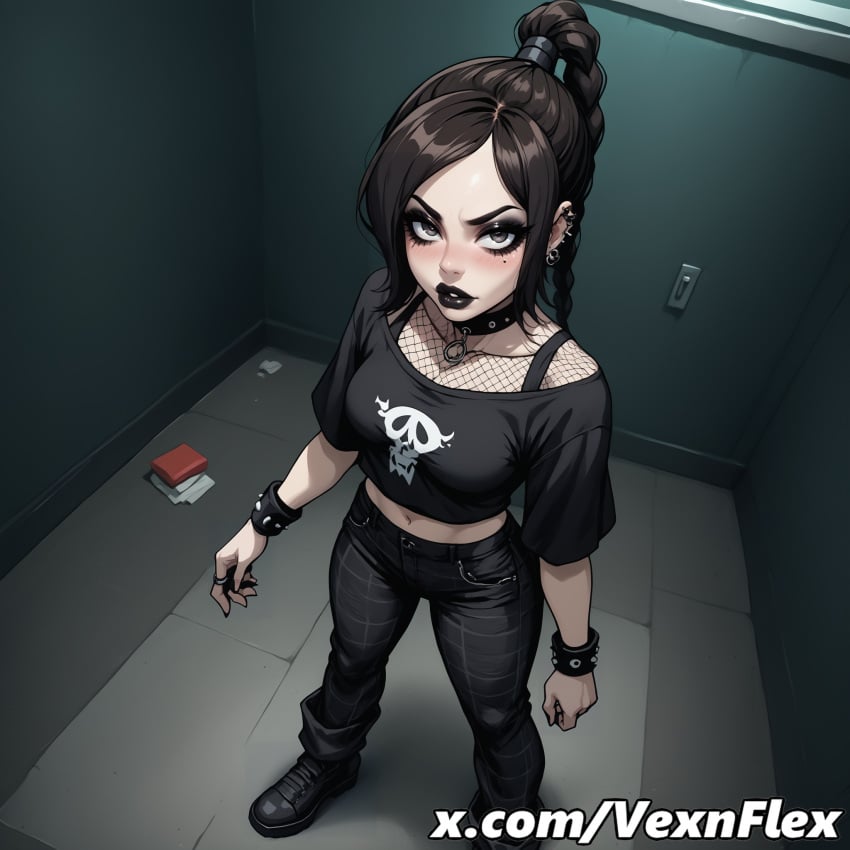 ai_generated avatar_legends avatar_the_last_airbender black_footwear black_hair black_lips black_nails black_pants black_shirt blush bracelet braid breasts brown_hair choker collar crop_top ear_piercing earrings eyeliner eyeshadow female fishnets from_above full_body goth goth_girl gothic hi_res high_resolution jewelry lipstick long_hair looking_at_viewer makeup medium_breasts midriff navel nose_piercing pants piercing ponytail shirt shoes skull_print solo spikes standing studded_bracelet ty_lee vexnflex watermark