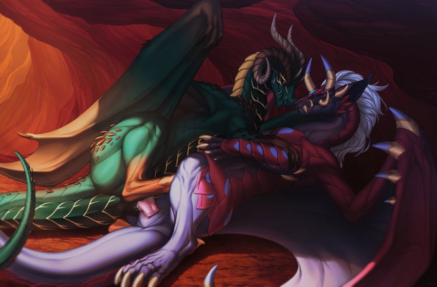 animal_genitalia anus black_membrane dragon duo erection female feral genital_slit genitals green_body green_scales hi_res male male/female membrane_(anatomy) mythological_creature mythological_scalie mythology penetration penis pink_anus pink_penis red_body red_scales scales scalie vaginal_penetration vaginal_penetration wia