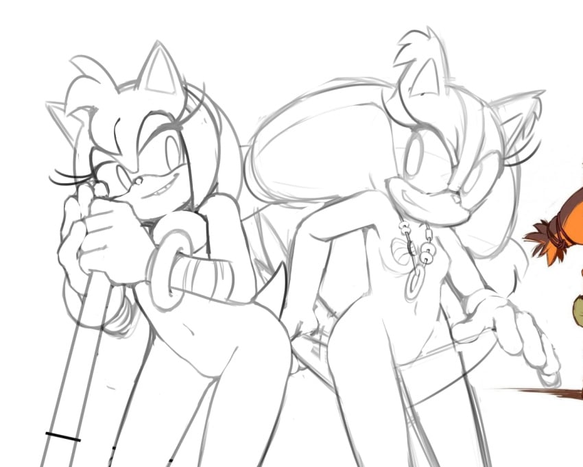 2girls amy_rose amy_rose_(boom) boomerang breasts completely_nude female hammer holding_weapon hotred multiple_girls nude sonic_(series) sonic_boom sticks_the_badger sticks_the_jungle_badger sticks_the_tejon