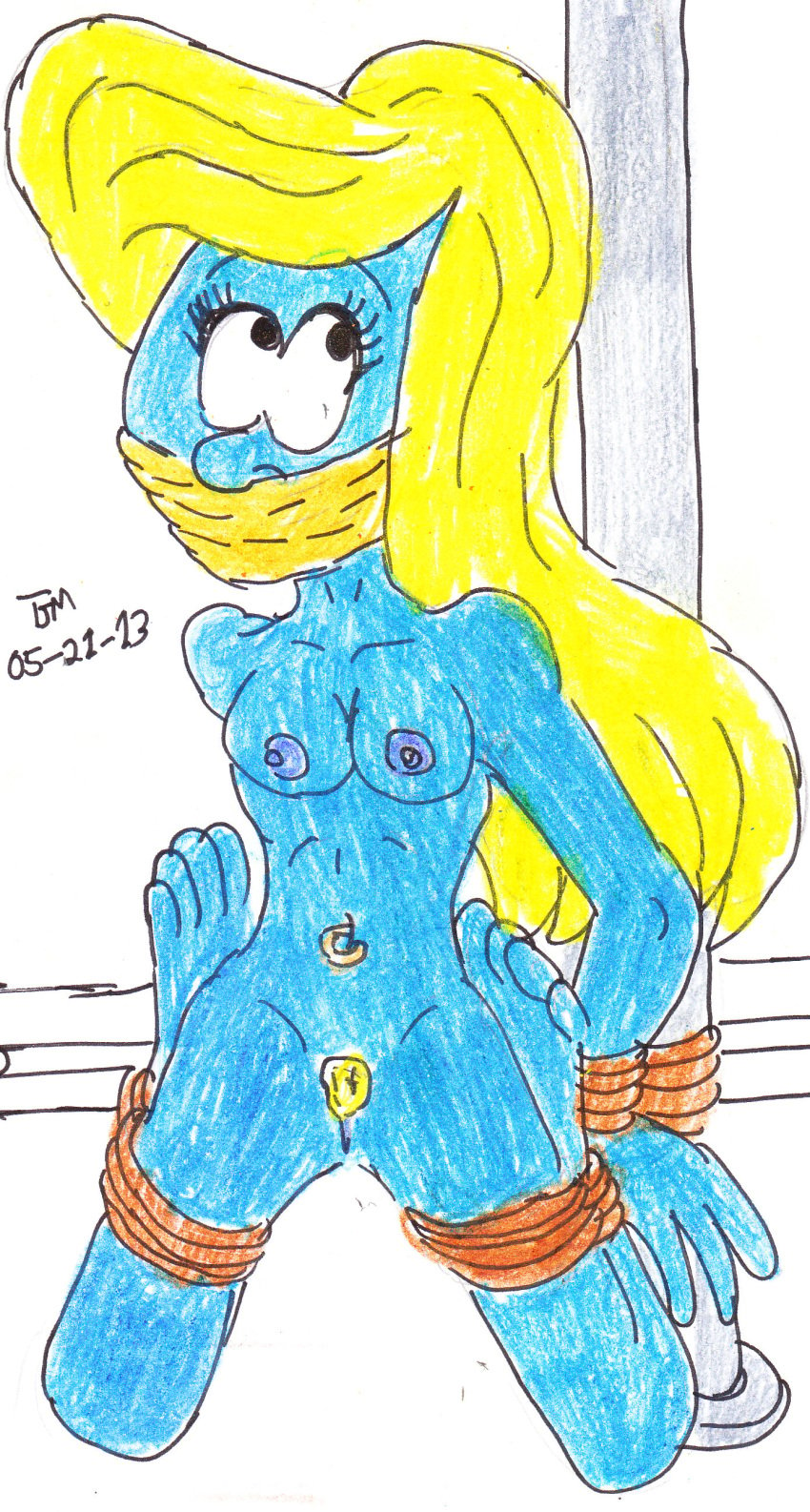 blonde_hair breasts godzilla713 long_hair nude nude_female rope_bondage smurfette tagme the_smurfs