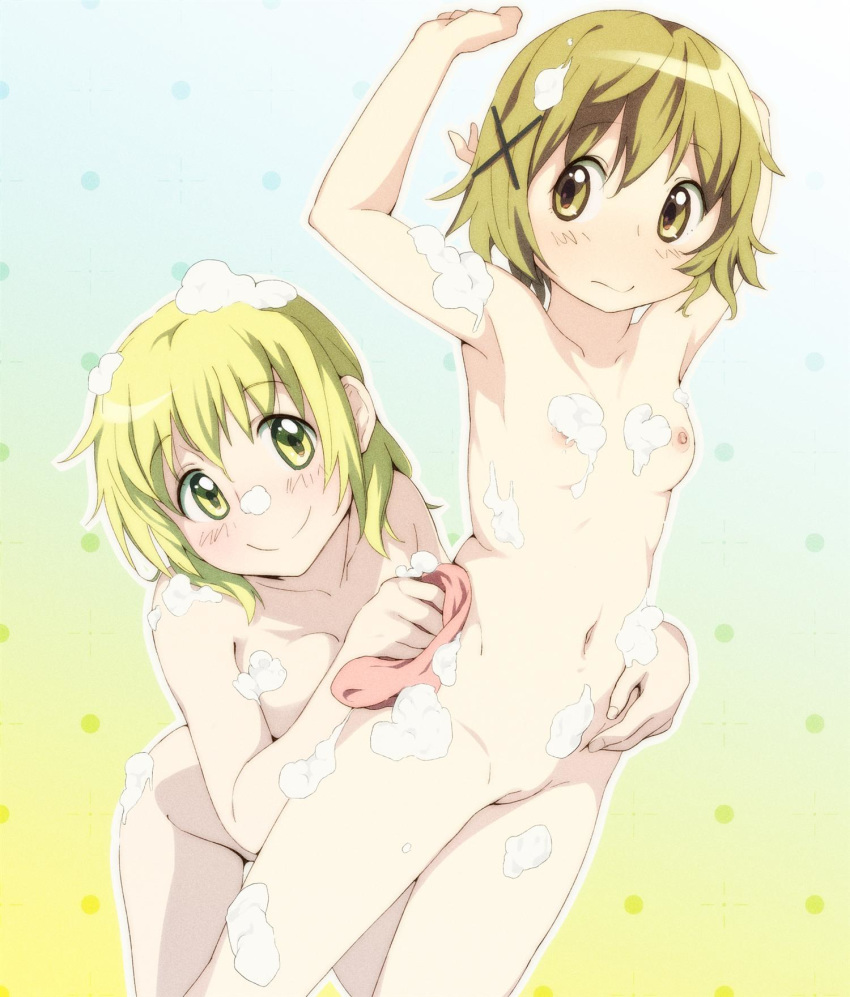 3: armpits arms_up blonde_hair breasts brown_eyes brown_hair female hayyan hidamari_sketch highres miyako_(hidamari_sketch) multiple_girls navel nipples nude pussy short_hair small_breasts smile soap_bubbles suds yellow_eyes yuno_(hidamari_sketch) yuri