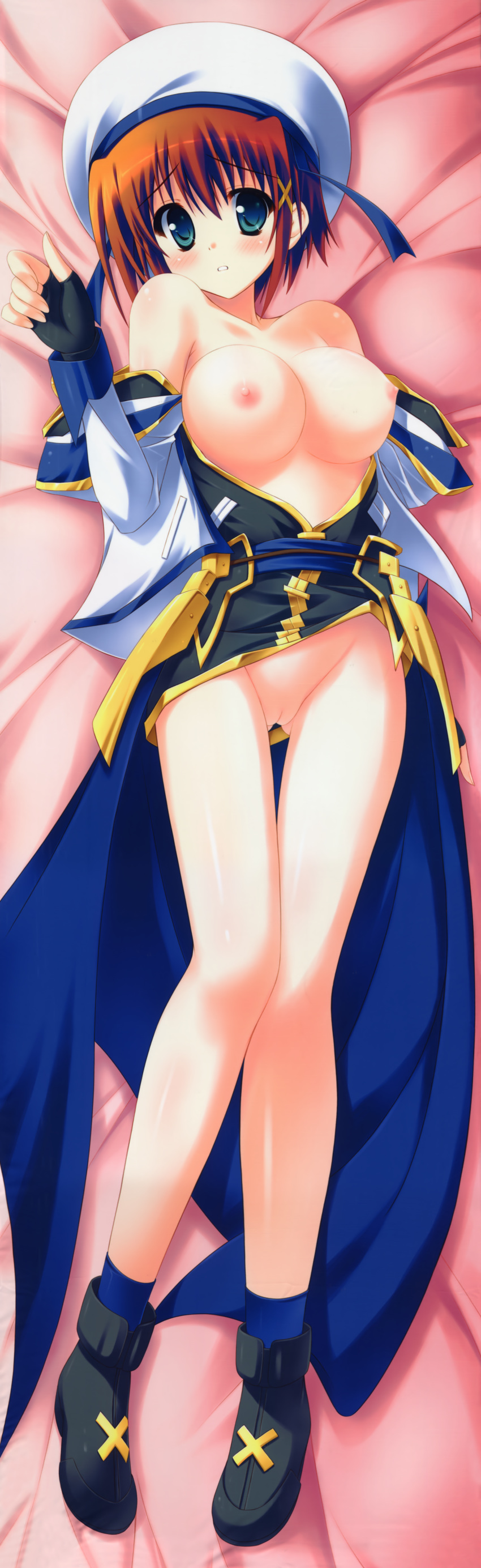 absurdres blue_eyes breasts brown_hair dakimakura female fixed hat hayate_yagami highres huge_filesize human kouzuki_hajime legs long_image long_sleeves lyrical_nanoha magic_shinsengumi mahou_shoujo_lyrical_nanoha mahou_shoujo_lyrical_nanoha_a's mahou_shoujo_lyrical_nanoha_strikers nipples no_bra no_panties open_clothes open_shirt pussy solo tall_image uncensored