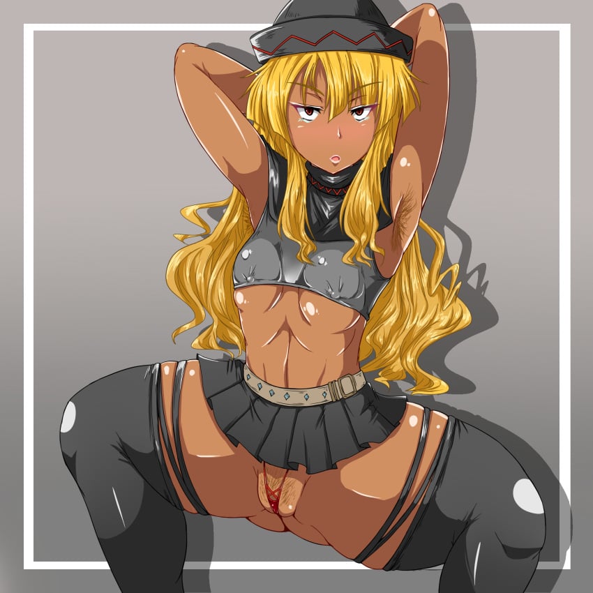 armpit_hair armpits arms_behind_head belt blonde_hair breasts clothed clothes covered_nipples erect_nipples eyeshadow female female_armpit_hair ganguro hands_behind_head hat highres lily_black lily_white lipstick long_hair looking_at_viewer makeup medium_breasts nipples open_mouth panties pink_lips pubic_hair pussy red_eyes red_panties sahei simple_background skirt solo spread_legs standing thighhighs touhou underwear