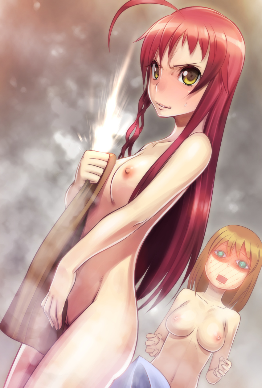 2girls @_@ ahoge akatuzaki912 ascii_media_works bad_id bad_pixiv_id blush breasts brown_hair dengeki_daioh embarrassed female female_only green_eyes hataraku_maou-sama! highres long_hair medium_breasts multiple_girls nipples nude pussy red_hair sasaki_chiho short_hair small_breasts source_request steam sweatdrop towel uncensored white_fox_(studio) year_request yellow_eyes yusa_emi