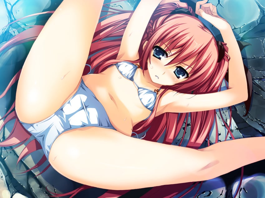 akatsuki_no_goei bikini blush cameltoe female game_cg long_hair nikaidou_reika pink_hair red_hair solo spread_legs swimsuit tied_hair tomose_shunsaku twintails