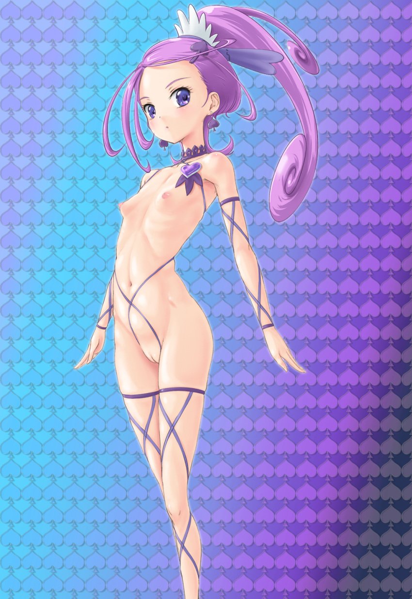 1girls barefoot breasts choker cure_sword dokidoki!_precure earrings female flat_chest hair_ornament hair_up hairpin highres innie_pussy jewelry kenzaki_makoto long_hair looking_at_viewer magical_girl naked_ribbon navel nipples nude ponytail precure pretty_cure purple_eyes purple_hair pussy rasukaru ribbon small_breasts solo spade spade_hair_ornament standing tied_hair uncensored