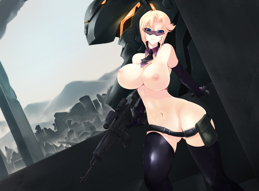 belt blonde_hair blue_eyes breasts elbow_gloves gloves gun haganef highres mecha muv-luv muv-luv_alternative muv-luv_alternative_-_total_eclipse navel nipples pilot_suit stella_bremer thighhighs topless weapon