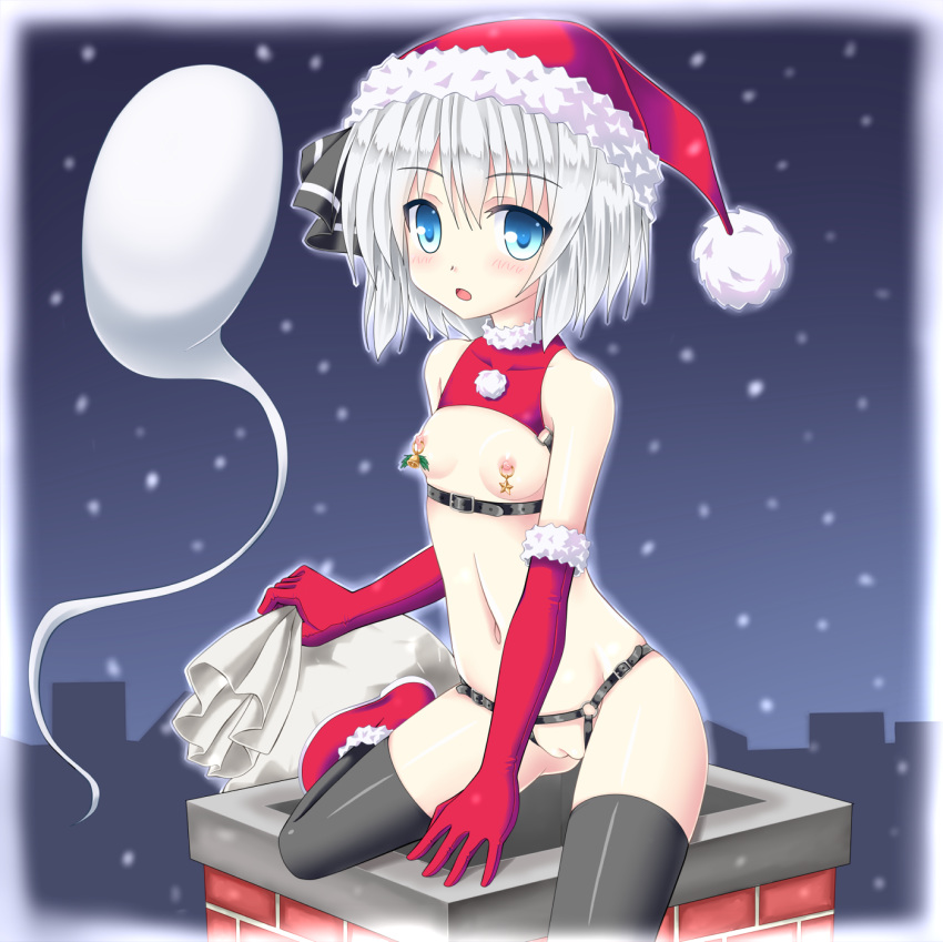 black_legwear blue_eyes blush boots breasts chimney christmas dress elbow_gloves erect_nipples female gloves hair_ribbon hat highres hitodama looking_at_viewer nipple_piercing nipples noveske_n4 open_mouth panties piercing pussy ribbon sack santa_costume santa_hat short_hair silver_hair sleeveless sleeveless_dress snow solo thighhighs touhou uncensored underwear youmu_konpaku youmu_konpaku_(ghost)