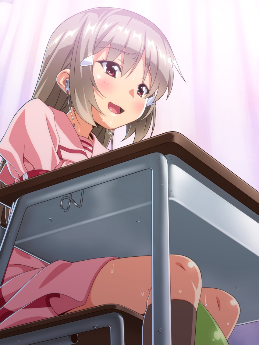 1futa blush brown_hair censored condom condom_filling condom_on_penis cum earphones ejaculation futanari futanari_shoujo_no_shasei_nikki hair highres intersex kuga_hajime long_hair masturbation naughty_face red_eyes saliva school_desk solo sweat takano_shiori under_the_table world_lover