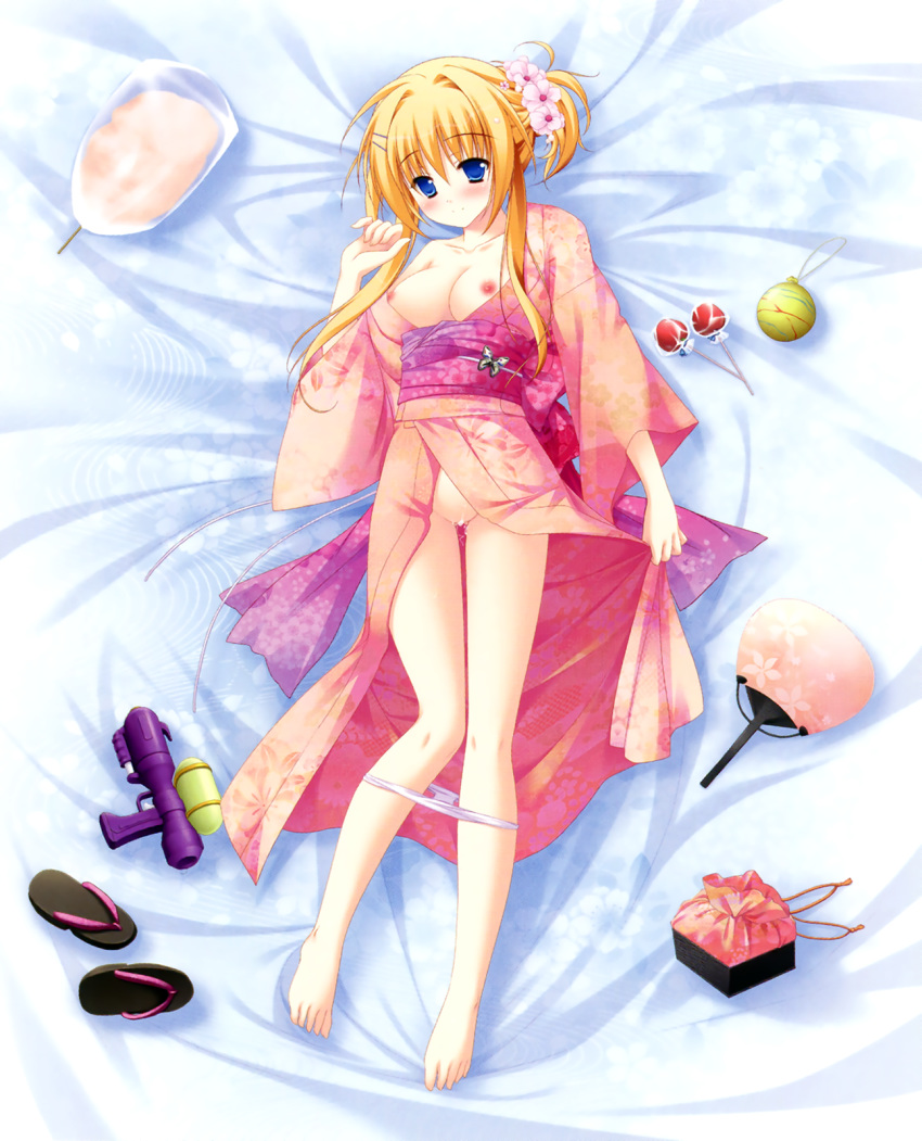 barefoot blonde_hair blue_eyes blush breasts breasts_out candy_apple cleavage cotton_candy diamic_days fan female flower geta hair_flower hair_ornament hatsushiba_kiba hatsushiba_kisa highres legs lump_of_sugar lying nipples no_bra panties panty_pull pussy pussy_juice sesena_yau shoes_removed solo underwear water_balloon water_gun white_panties