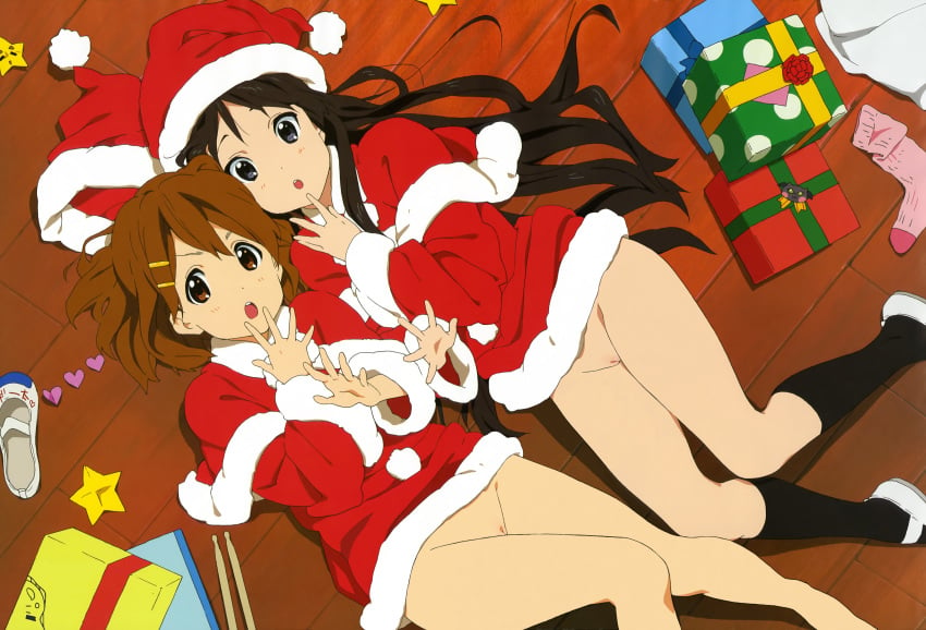 2girls absurdres black_eyes black_hair black_socks bottomless brown_eyes brown_hair female female_only gift hair_ornament hairclip hat highres horiguchi_yukiko human k-on! knee_socks kneehighs kneesocks long_hair looking_at_viewer lying mio_akiyama_(k-on!) multiple_females multiple_girls nude nude_filter open_mouth photoshop present pussy santa_costume santa_hat shoes short_hair socks surprised uncensored uwabaki yui_hirasawa_(k-on!)