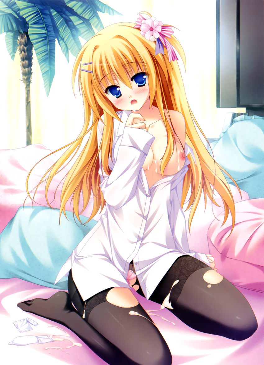 black_legwear blonde_hair blue_eyes blush breasts condom condom_wrapper cum cum_on_body cum_on_breasts cum_on_lower_body cum_on_upper_body d: diamic_days dress_shirt female hatsushiba_kiba hatsushiba_kisa highres long_hair lump_of_sugar nipples open_mouth panties pantyhose pillow pink_panties sesena_yau shirt sitting solo thighband_pantyhose torn_clothes torn_pantyhose underwear wariza