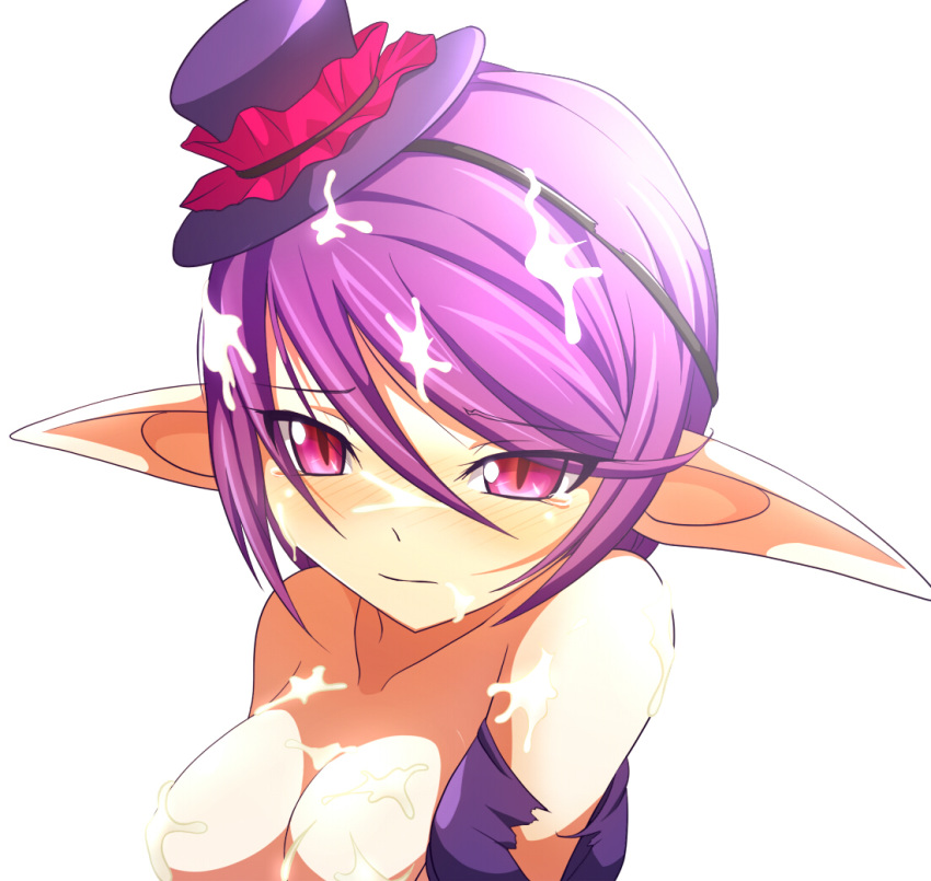 blush breasts clam_curry cum cum_on_body cum_on_breasts cum_on_hair cum_on_upper_body demon_girl lamica long_pointy_ears pointy_ears purple_eyes purple_hair queen's_blade queen's_blade_spiral_chaos short_hair solo succubus