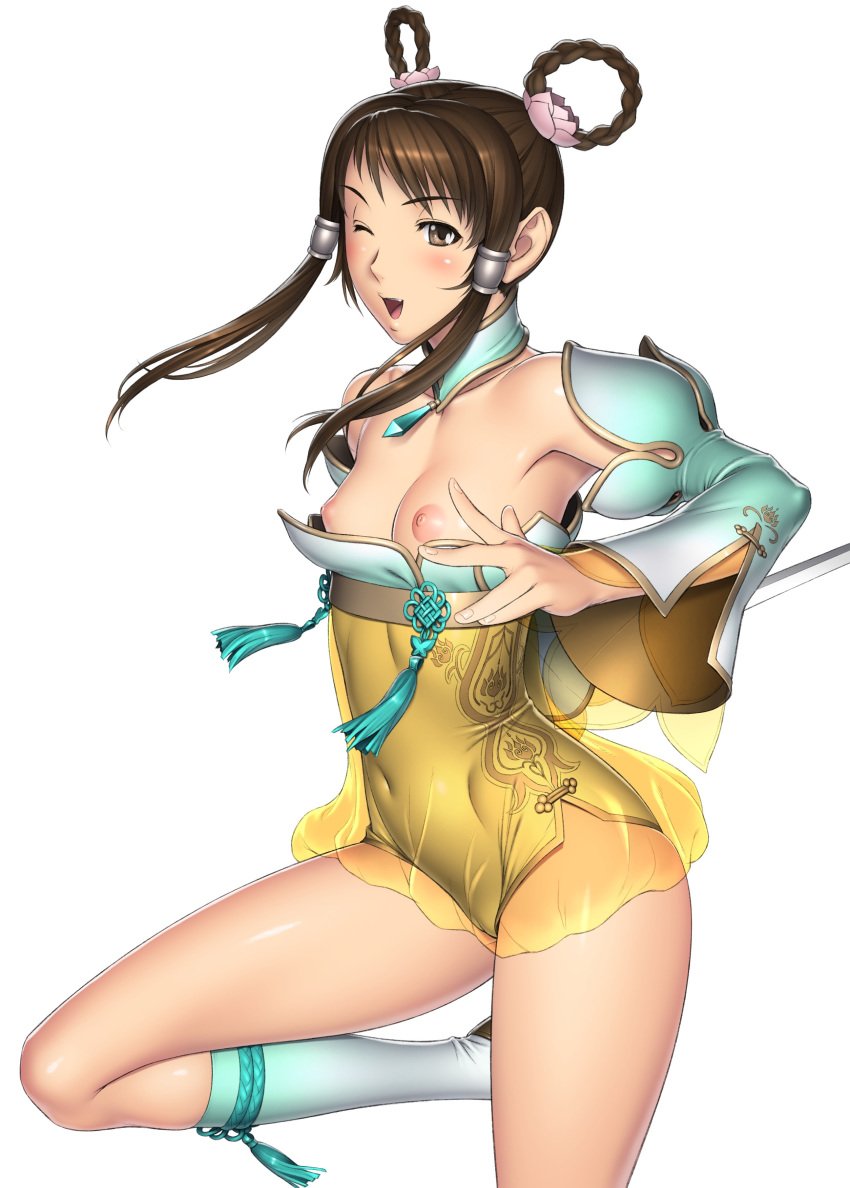 absurdres areolae blush breasts brown_eyes brown_hair female female_only highres kansuke looking_at_viewer navel nipples no_bra open_mouth smile solo soul_calibur soul_calibur_v standing white_background wink yan_leixia