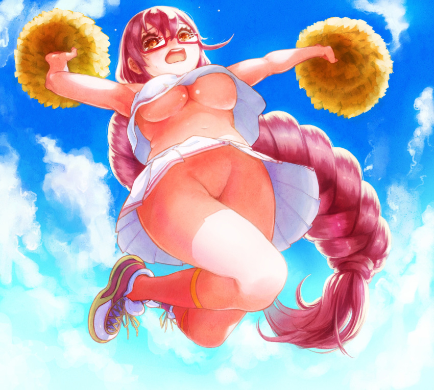 1girls aq_interactive arcana_heart arcana_heart_3 atlus braid breasts cheerleader cheerleading examu flying_sweatdrops from_below glasses highres jumping long_hair mound_of_venus navel no_panties no_underwear p-po pink_hair plump pom_poms ponytail pussy red_eyes shoes single_braid sky solo tied_hair uncensored underboob upshirt upskirt very_long_hair yasuzumi_yoriko