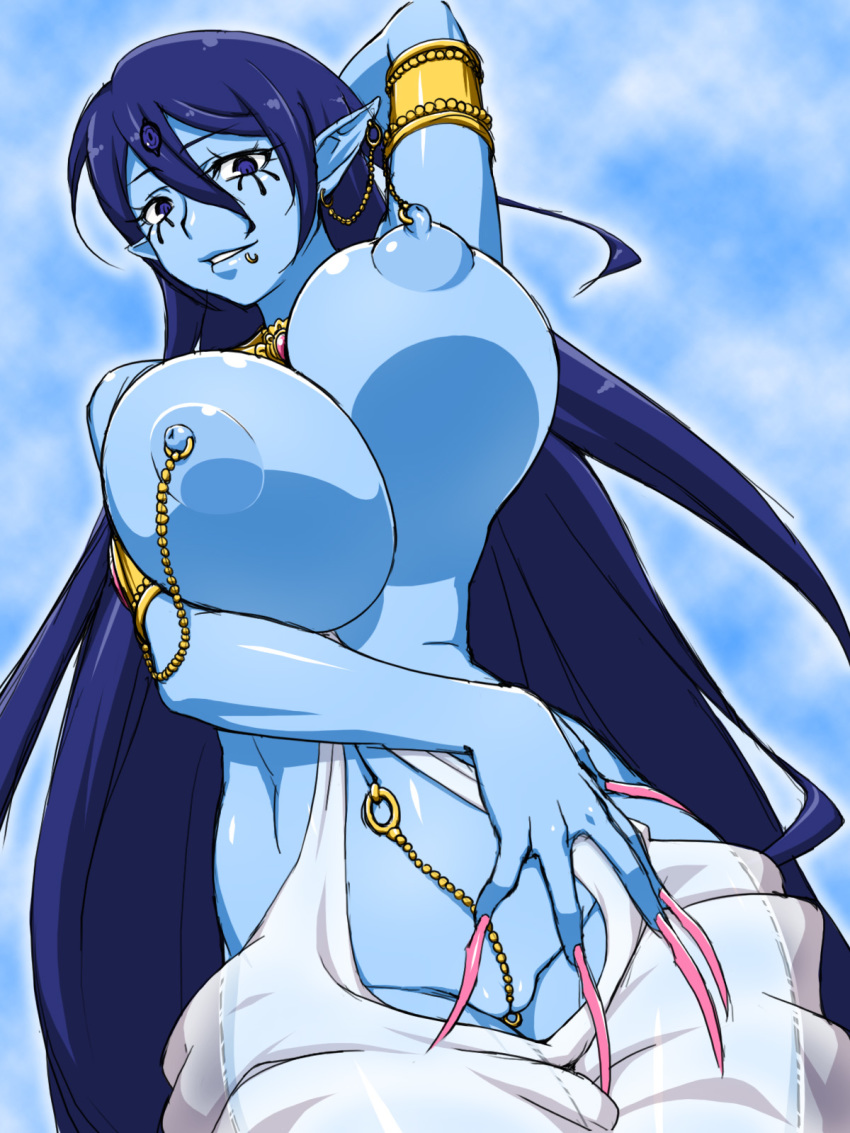 1girls 3_eyes armlet arms_up between_labia blue_eyes blue_hair blue_skin breasts chains clitoris_piercing female female_only fingernails genie gold_jewelry highres huge_breasts innie_pussy jewelry kurojiya linked_clitoris linked_piercing lip_piercing long_fingernails long_hair looking_at_viewer looking_down lots_of_jewelry magi:_the_labyrinth_of_magic multi_eye nail_polish nipple_piercing nipples nipples_to_armlet paimon paimon_(magi) piercing pointy_ears pussy smile solo uncensored very_long_hair