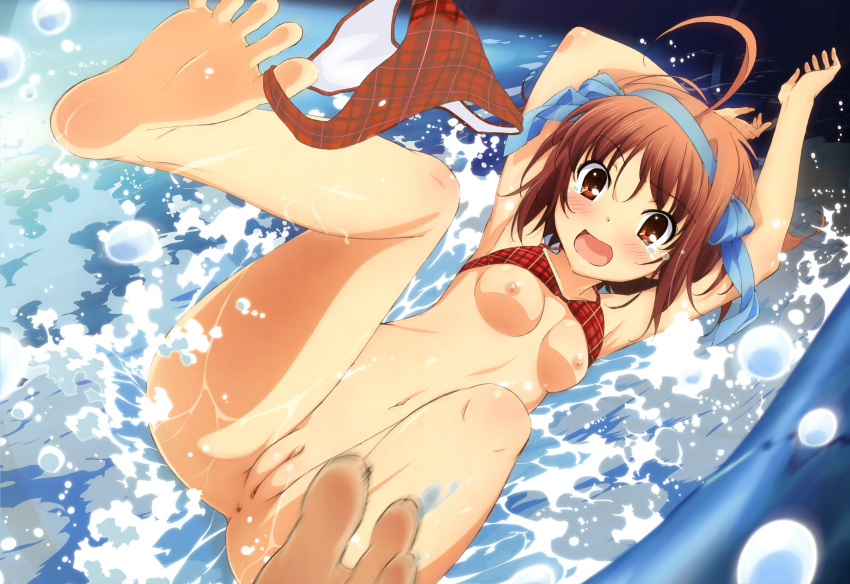 absurdres accidental_exposure barefoot between_toes blush bottomless breasts brown_hair color embarrassed embarrassed_nude_female enf feet female female_only functionally_nude highres naked nipples nude nude_filter papa_no_iu_koto_wo_kikinasai! papa_no_iukoto_wo_kikinasai! photoshop pussy short_hair slide soles solo takanashi_sora toes uncensored wardrobe_malfunction water water_slide