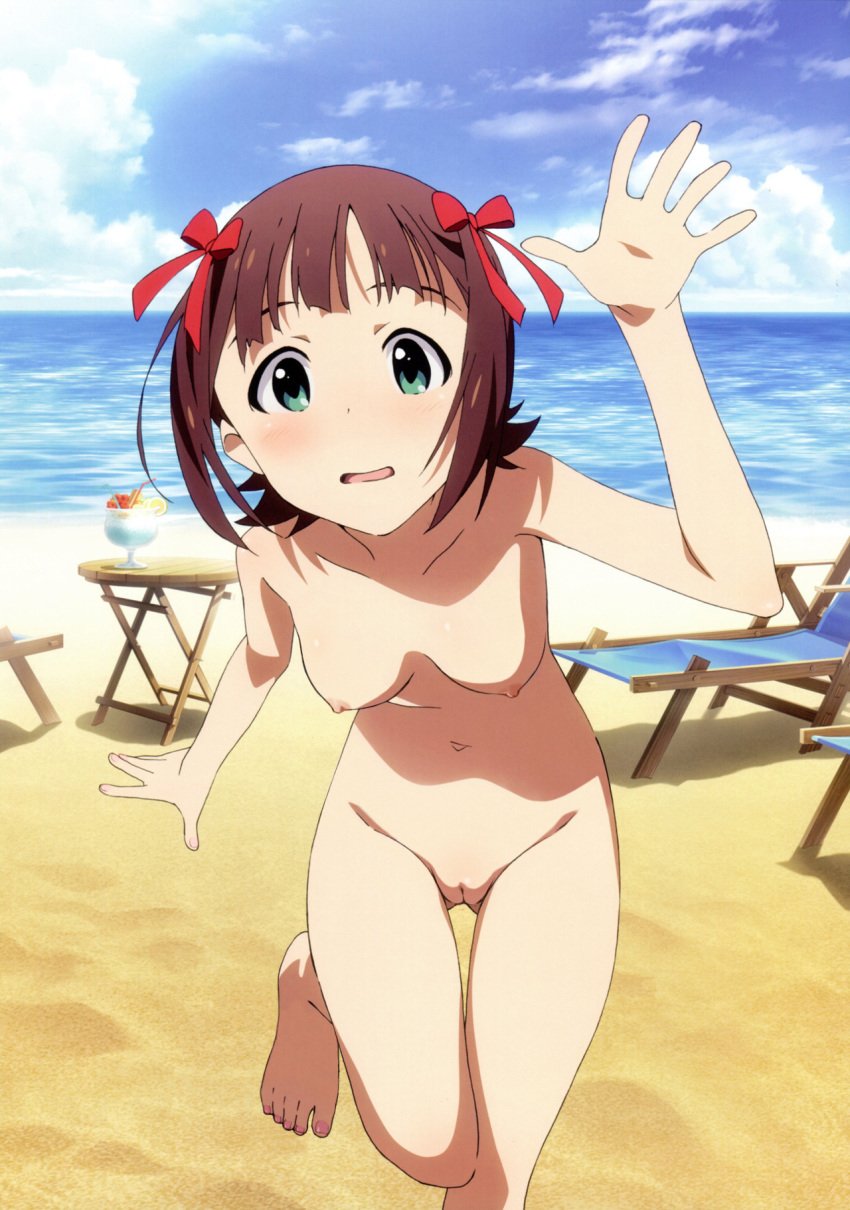 akai_toshifumi amami_haruka arm_up barefoot beach blush breasts brown_hair chair cloud drink feet female green_eyes hair_ribbon highres idolmaster legs lounge_chair navel nipples nude nude_filter ocean open_mouth photoshop pussy ribbon sand short_hair sky solo table toes uncensored water