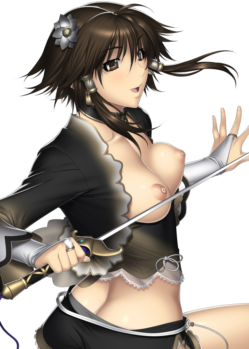 absurdres alternate_color areolae breasts brown_eyes brown_hair chai_xianghua female female_only flower hair_ornament highres human human_only kansuke looking_at_viewer nipples open_mouth short_hair simple_background smile solo soul_calibur soul_calibur_iv standing sword uncensored weapon white_background