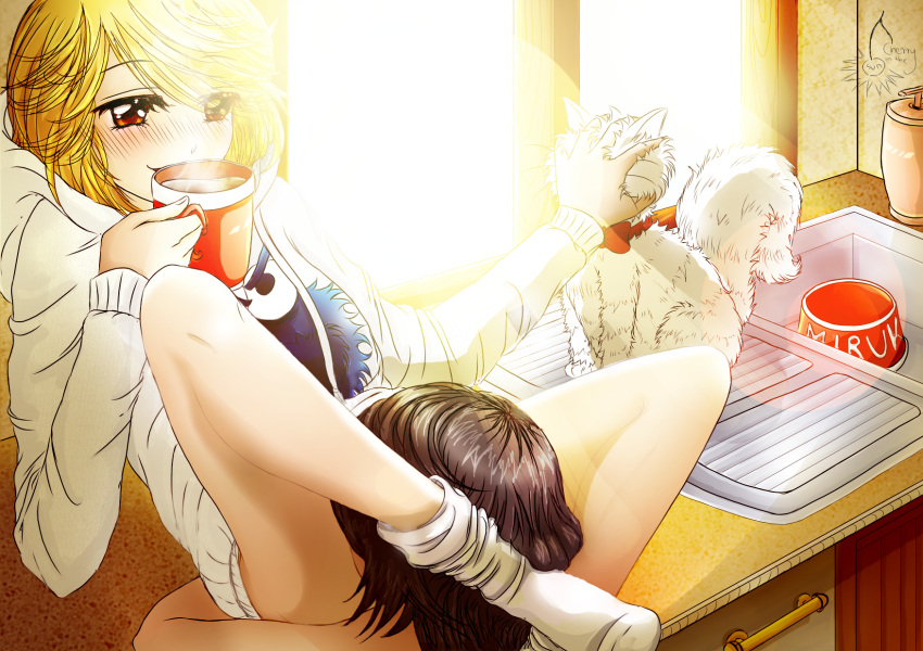 2girls animal anklehighs artist_name black_hair blonde_hair blush bottomless brown_eyes brown_hair cherryinthesun coffee cookie_monster couple cunnilingus cup cute feline female female_only fringe girl_friends girl_friends_(manga) head_grab highres hoodie kumakura_mariko legs_up lens_flare licking licking_pussy light_skin long_hair long_legs loose_socks morning mug multiple_girls mutual_yuri no_shoes oohashi_akiko oral pleasure_face schoolgirl schoolgirl_uniform short_hair sitting skinny smile socks steam sunlight teenager white_socks window yellow_eyes yuri