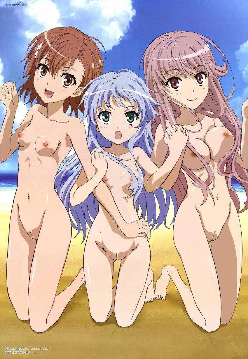 3girls absurdres barefoot beach breasts cloud feet female highres index innie_pussy megami meigo_arisa misaka_mikoto multiple_girls nipples nude nude_filter ocean photoshop pussy scan sky smile to_aru_kagaku_no_railgun to_aru_majutsu_no_index toes uncensored